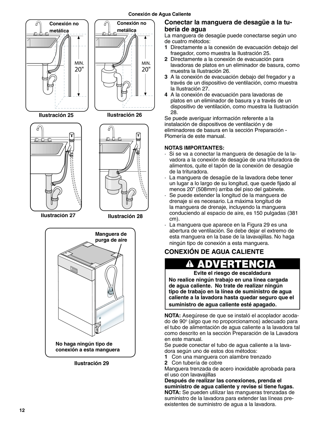 Bosch Appliances BSH Dishwasher Conexión De Agua Caliente, Advertencia, Ilustración, Notas Importantes 