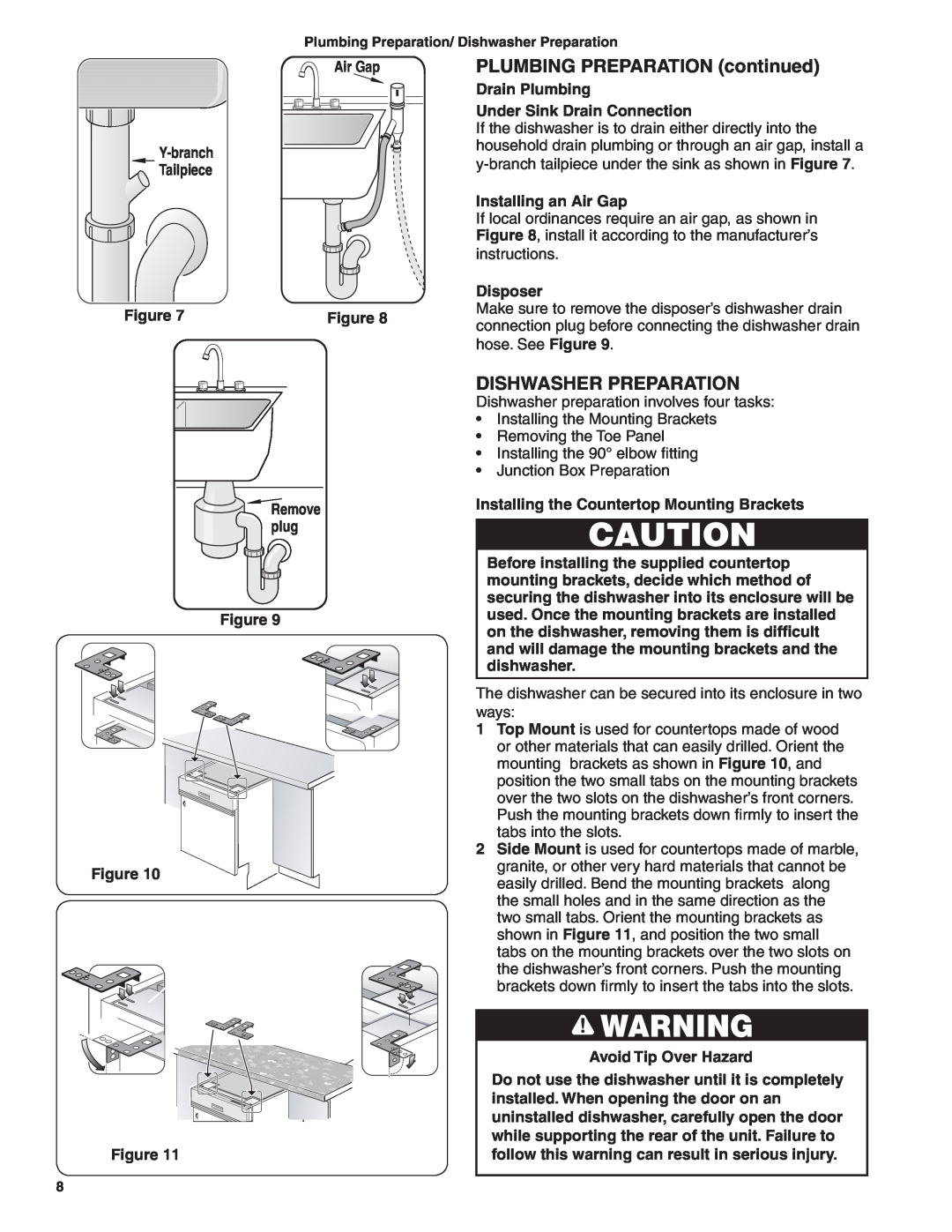 Bosch Appliances BSH Dishwasher important safety instructions PLUMBING PREPARATION continued, Dishwasher Preparation 