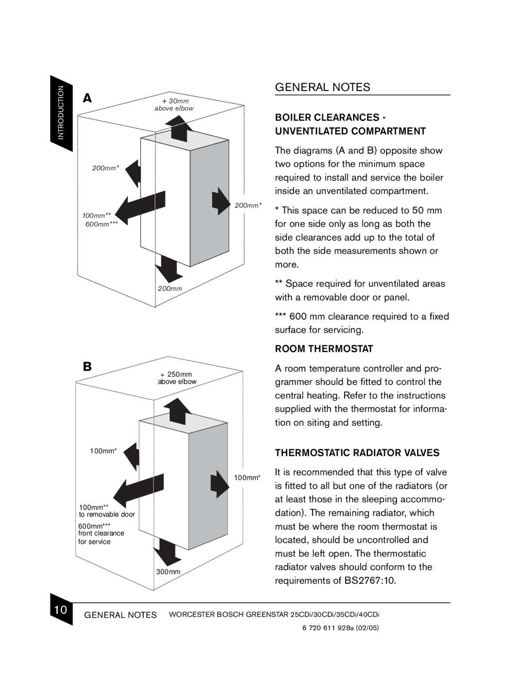 Bosch Appliances C13, C33 manual Boiler Clearances Unventilated Compartment, Room Thermostat, Thermostatic Radiator Valves 