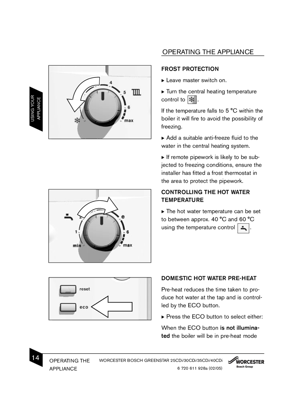 Bosch Appliances C13, C33 manual Frost Protection, Controlling the HOT Water Temperature, Domestic HOT Water PRE-HEAT 