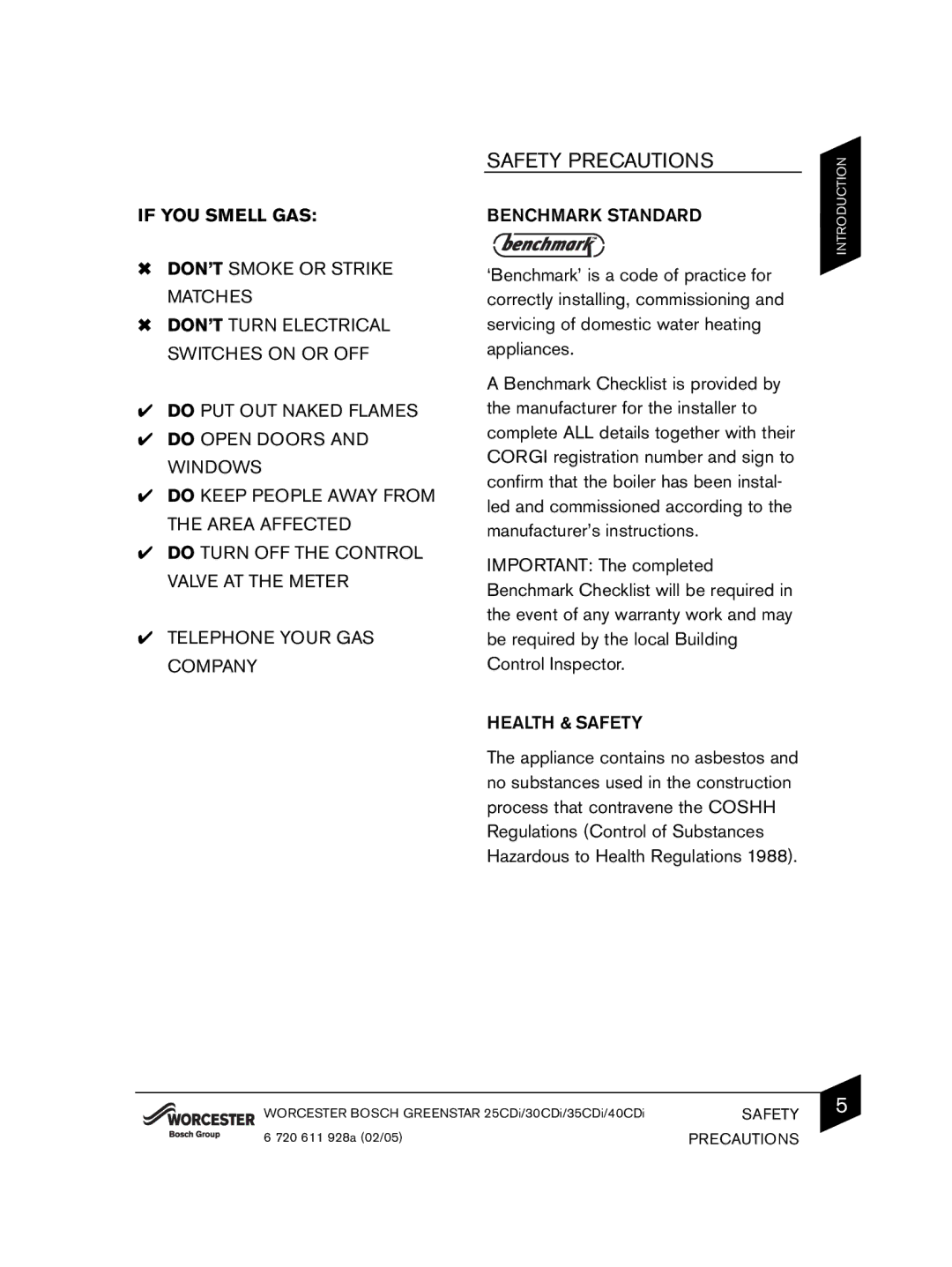 Bosch Appliances C33, C13 manual Safety Precautions, Benchmark Standard, Health & Safety 