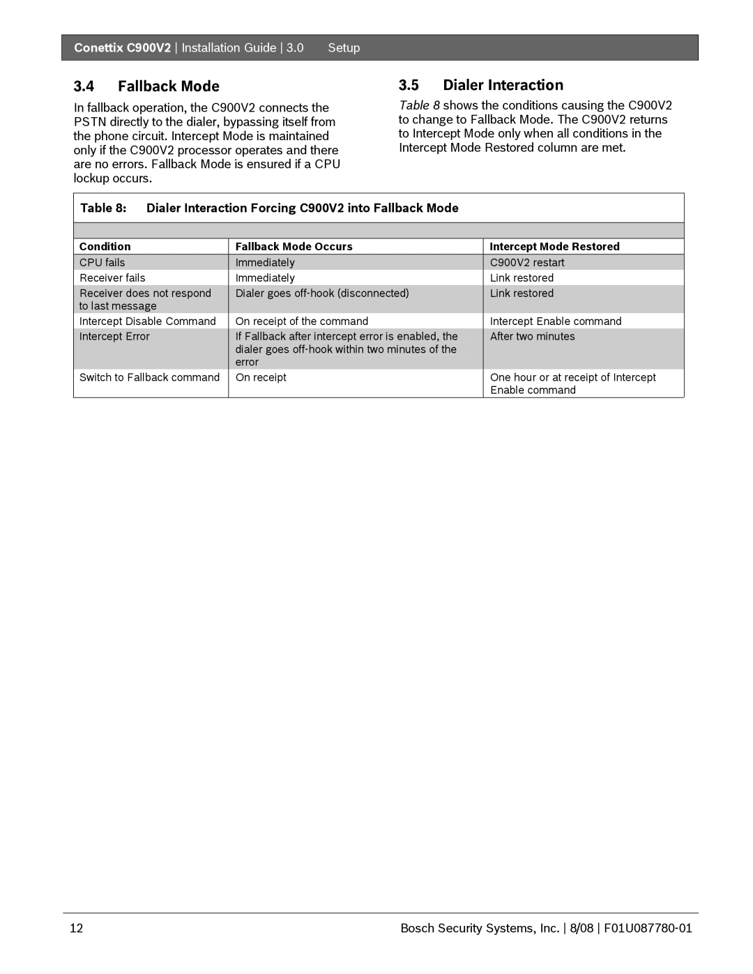 Bosch Appliances manual Fallback Mode Dialer Interaction, Dialer Interaction Forcing C900V2 into Fallback Mode 