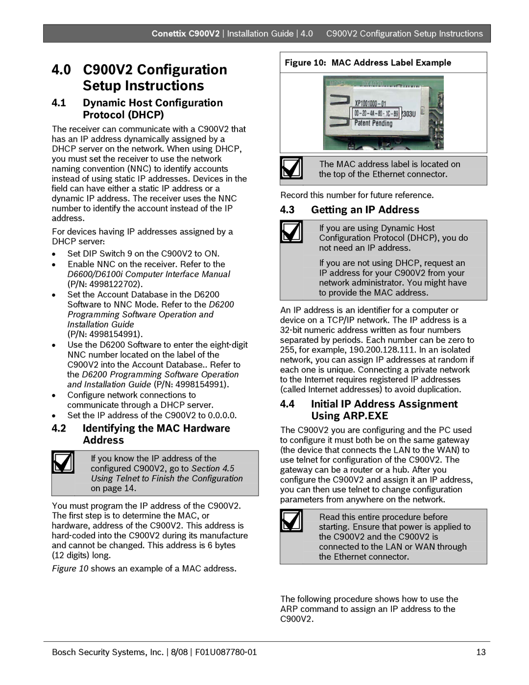 Bosch Appliances manual C900V2 Configuration Setup Instructions, Dynamic Host Configuration Protocol Dhcp 