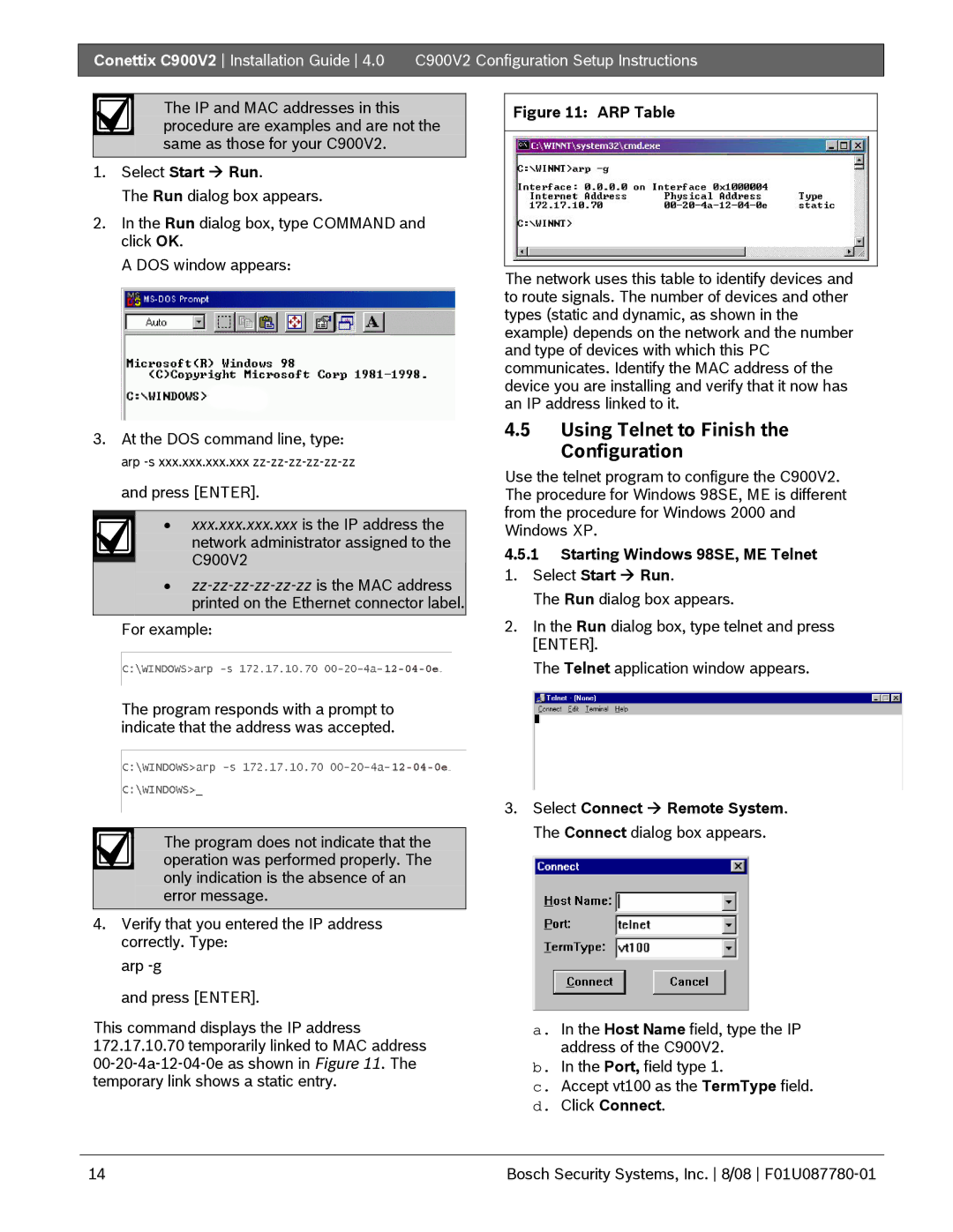 Bosch Appliances C900V2 manual Using Telnet to Finish the Configuration, Select Start Æ Run 