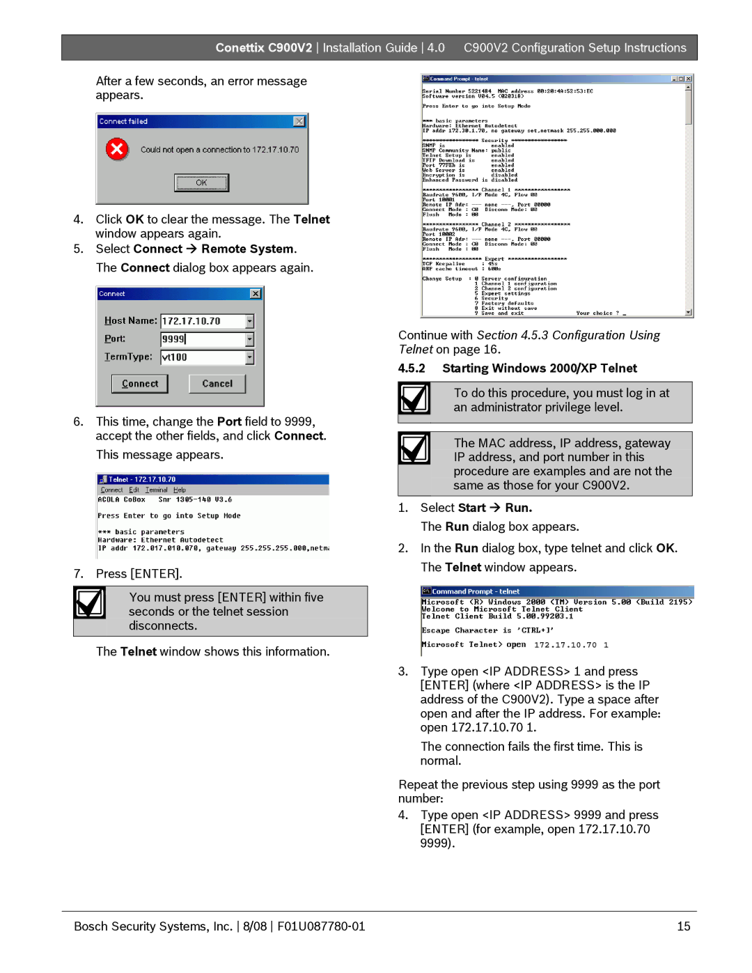 Bosch Appliances C900V2 manual Starting Windows 2000/XP Telnet 