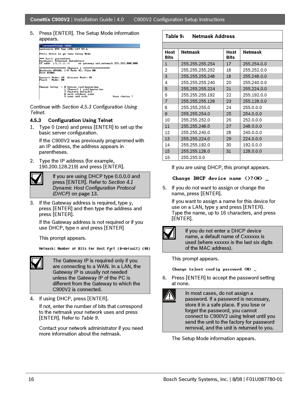 Bosch Appliances C900V2 manual Netmask Address, Configuration Using Telnet, Host Bits Netmask, Host Netmask Bits 