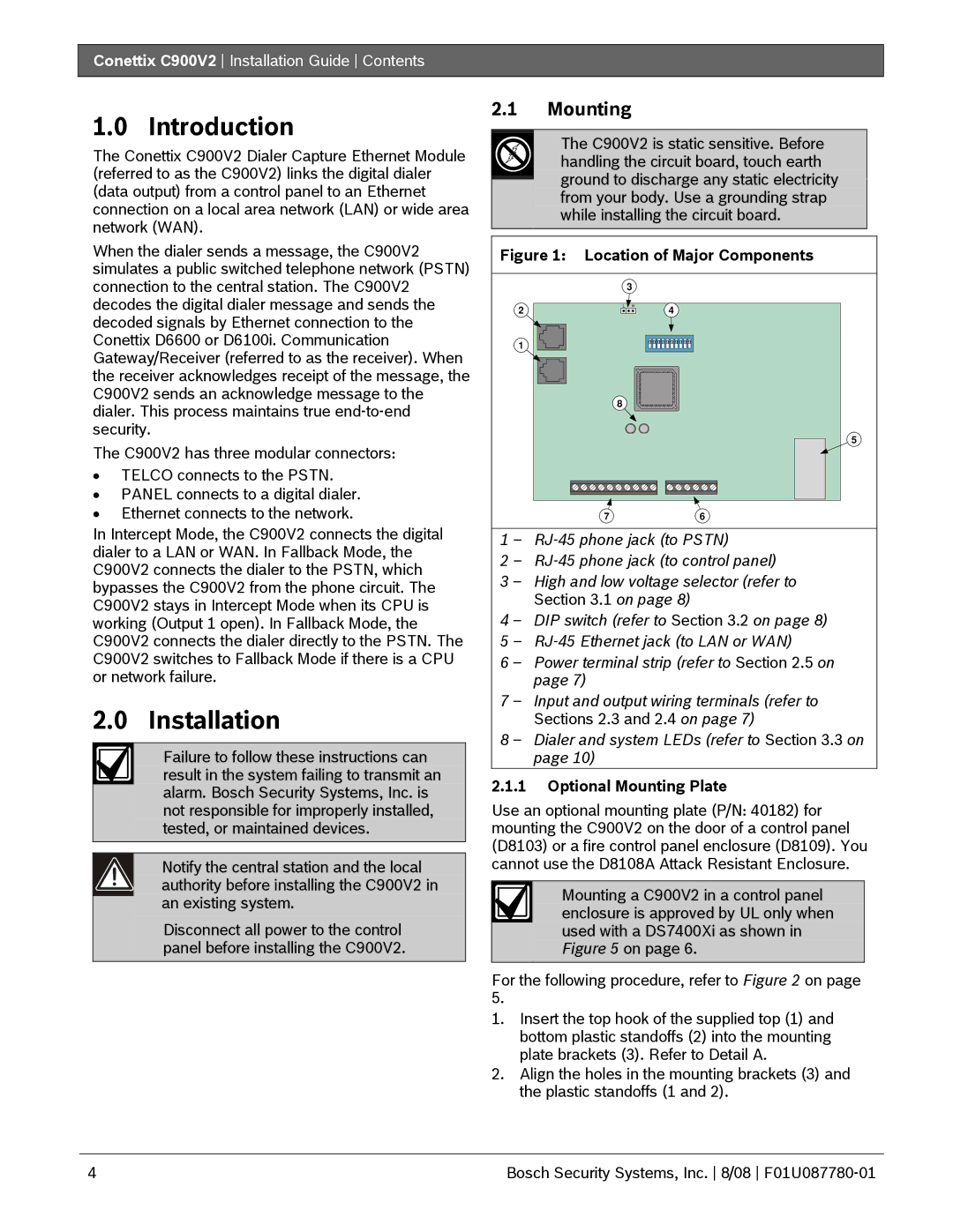 Bosch Appliances C900V2 manual Introduction, Installation, Optional Mounting Plate 