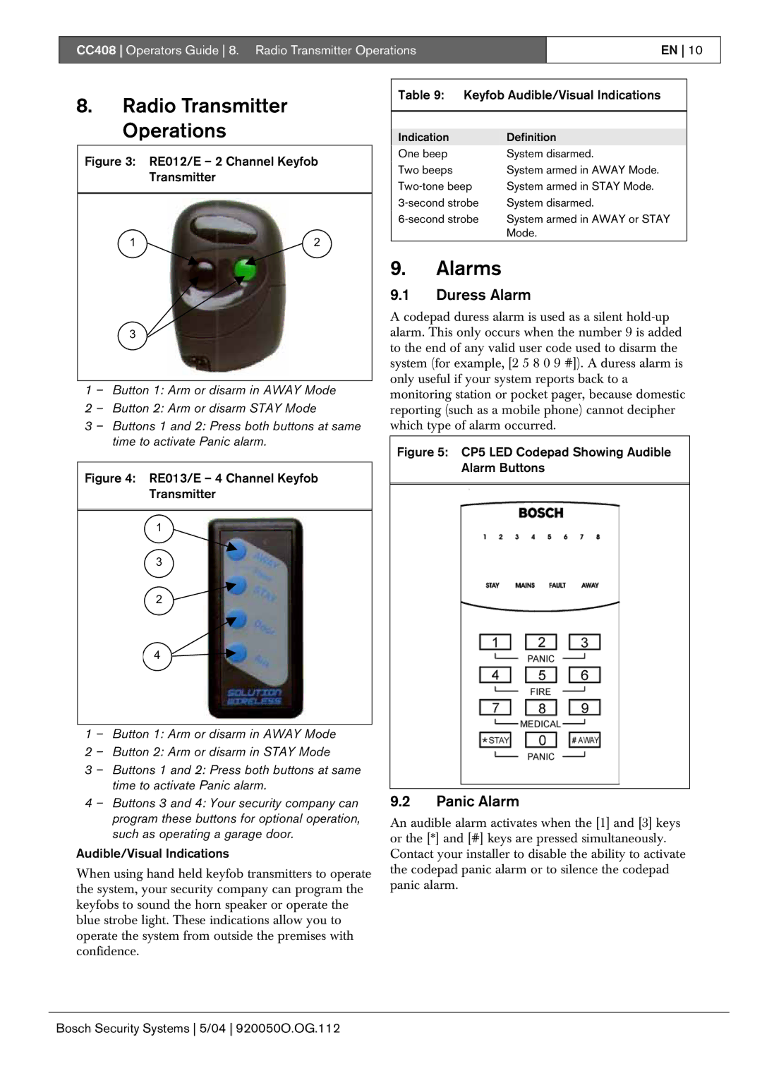 Bosch Appliances CC408 manual Radio Transmitter Operations, Alarms, Duress Alarm, Panic Alarm 