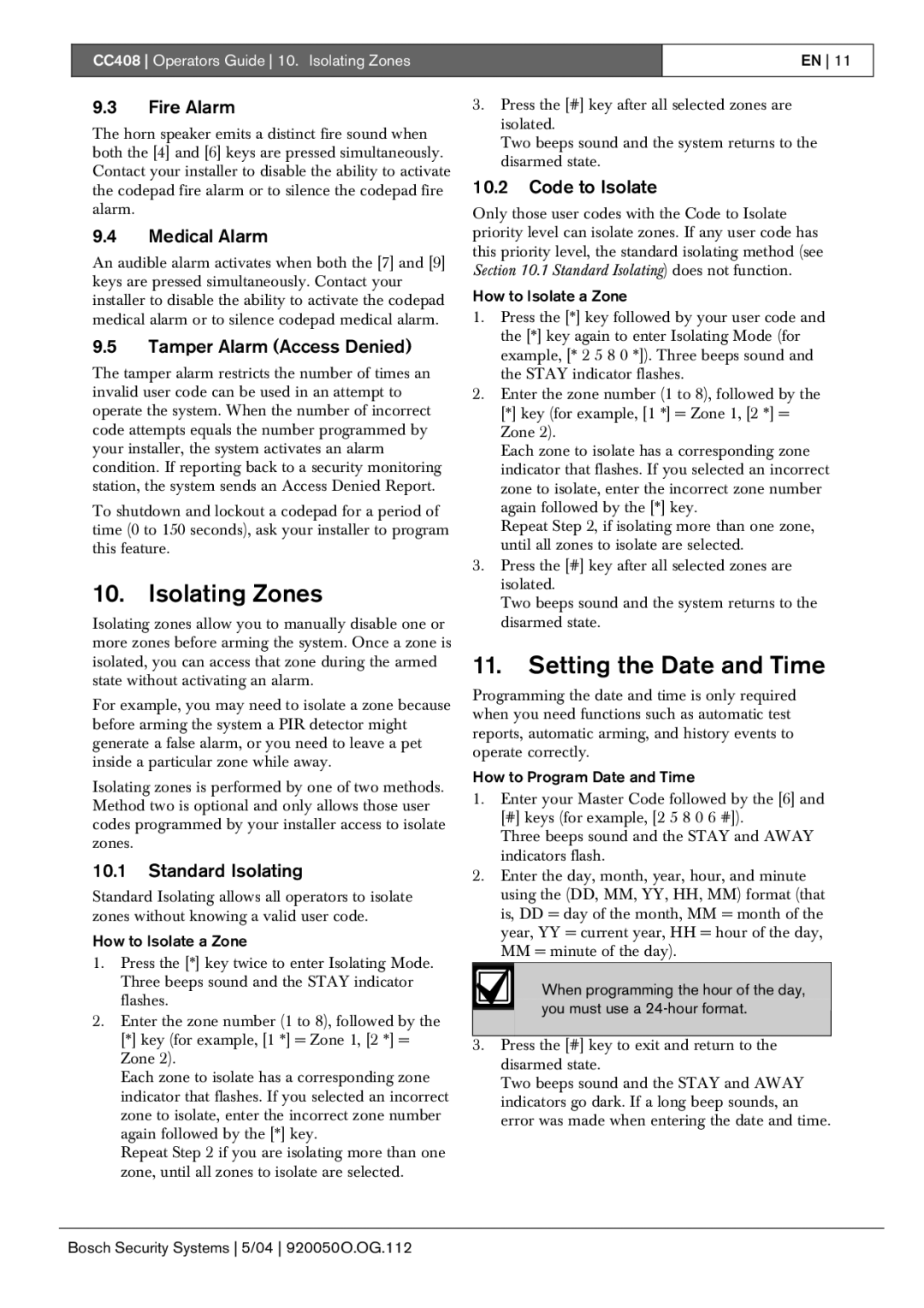 Bosch Appliances CC408 manual Isolating Zones, Setting the Date and Time 