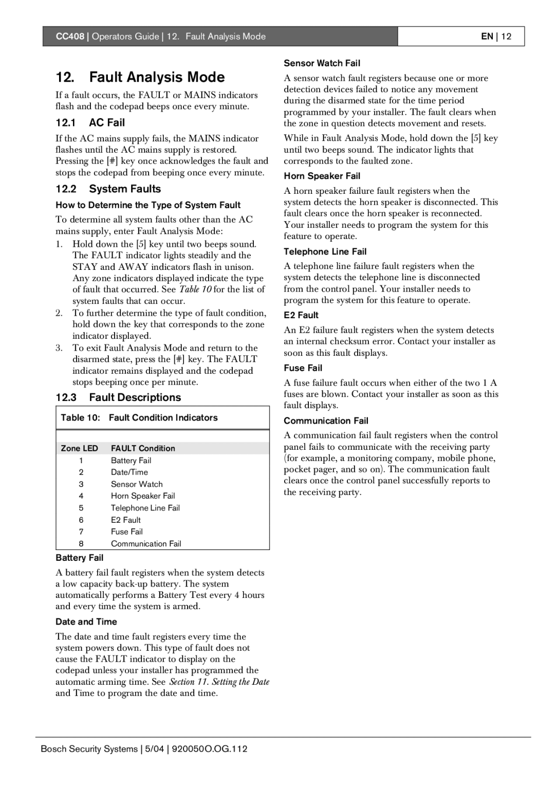 Bosch Appliances CC408 manual Fault Analysis Mode, AC Fail, System Faults, Fault Descriptions 