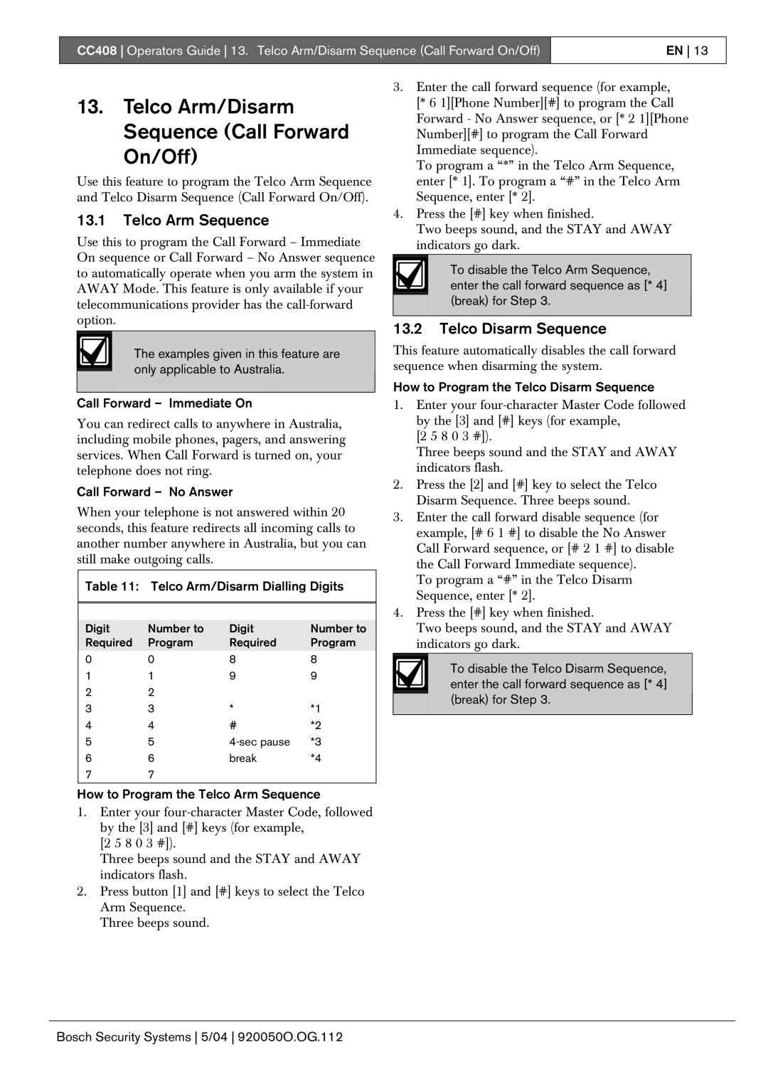 Bosch Appliances CC408 manual Telco Arm/Disarm Sequence Call Forward On/Off, Telco Arm Sequence, Telco Disarm Sequence 