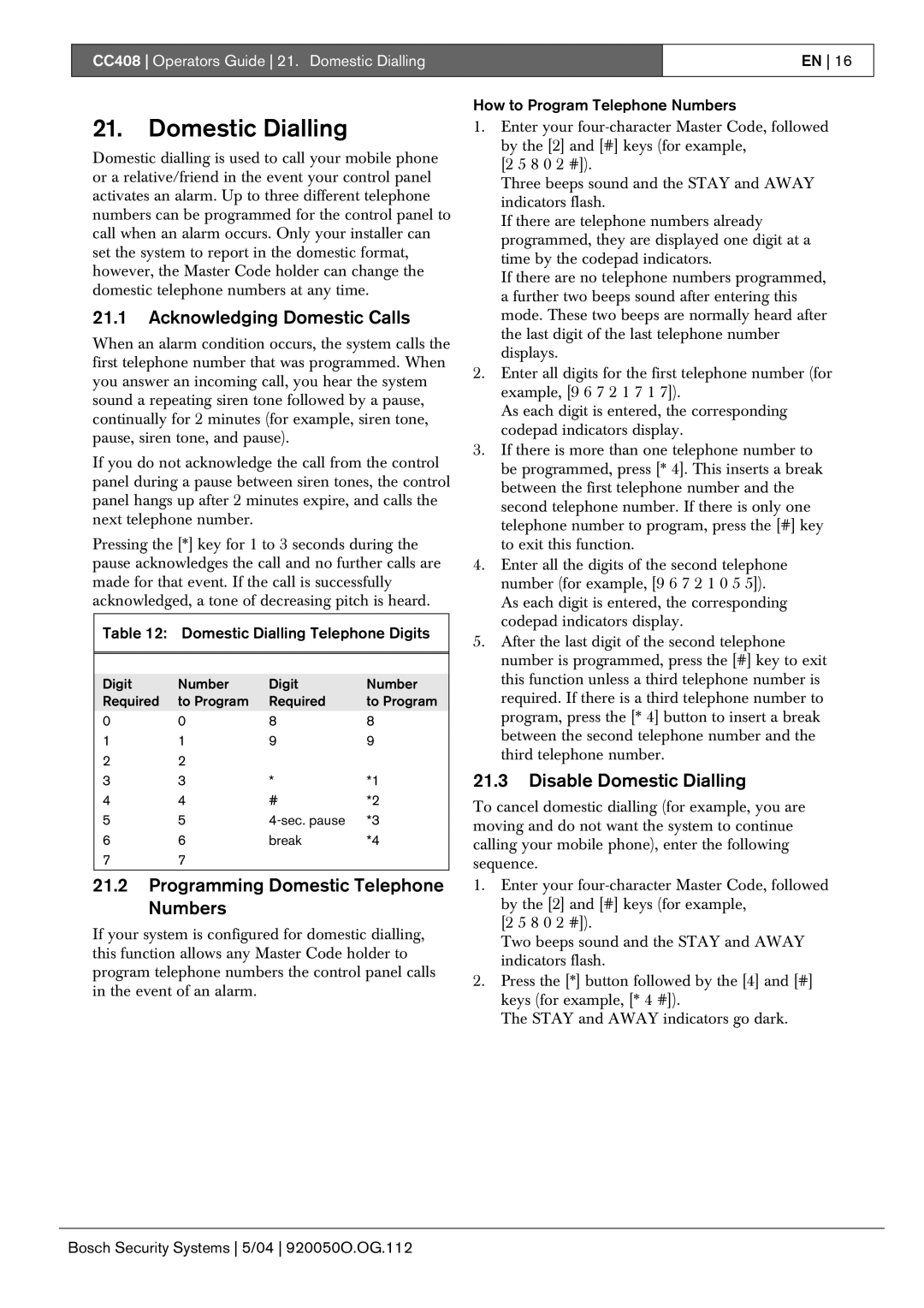 Bosch Appliances CC408 manual Domestic Dialling, Acknowledging Domestic Calls, Programming Domestic Telephone Numbers 