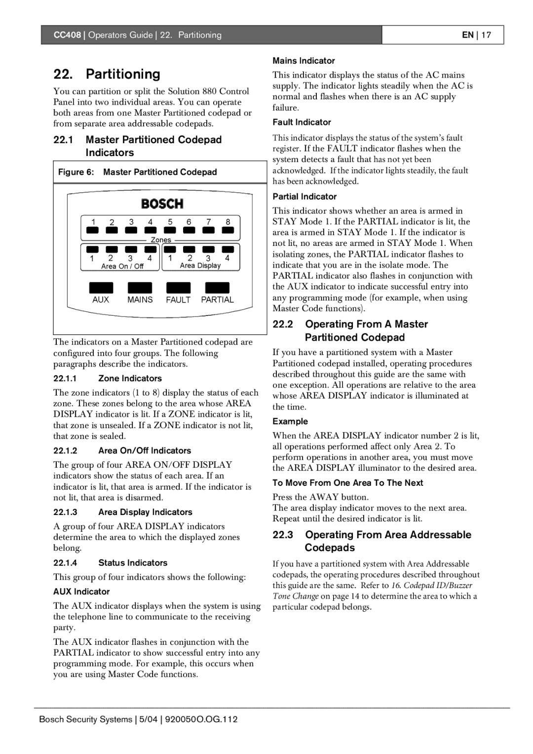 Bosch Appliances CC408 Partitioning, Master Partitioned Codepad Indicators, Operating From a Master Partitioned Codepad 