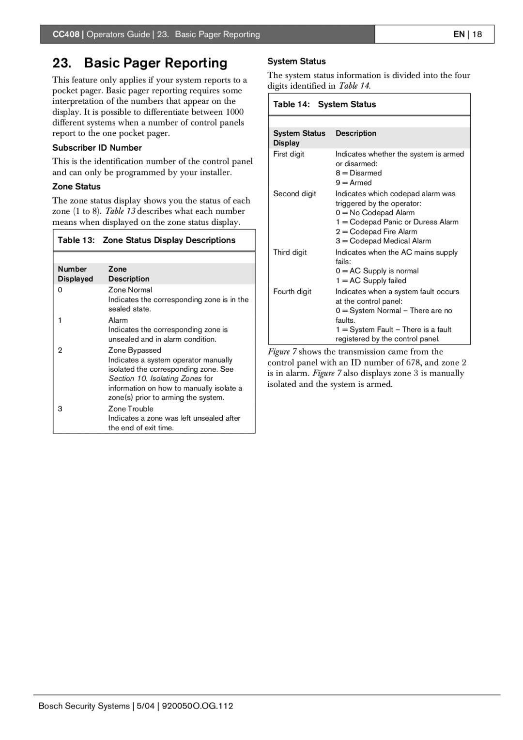 Bosch Appliances CC408 Basic Pager Reporting, Subscriber ID Number, Zone Status Display Descriptions, System Status 