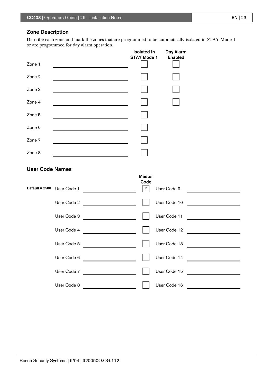 Bosch Appliances CC408 manual Zone Description, User Code Names, Isolated Day Alarm Stay Mode Enabled Zone 