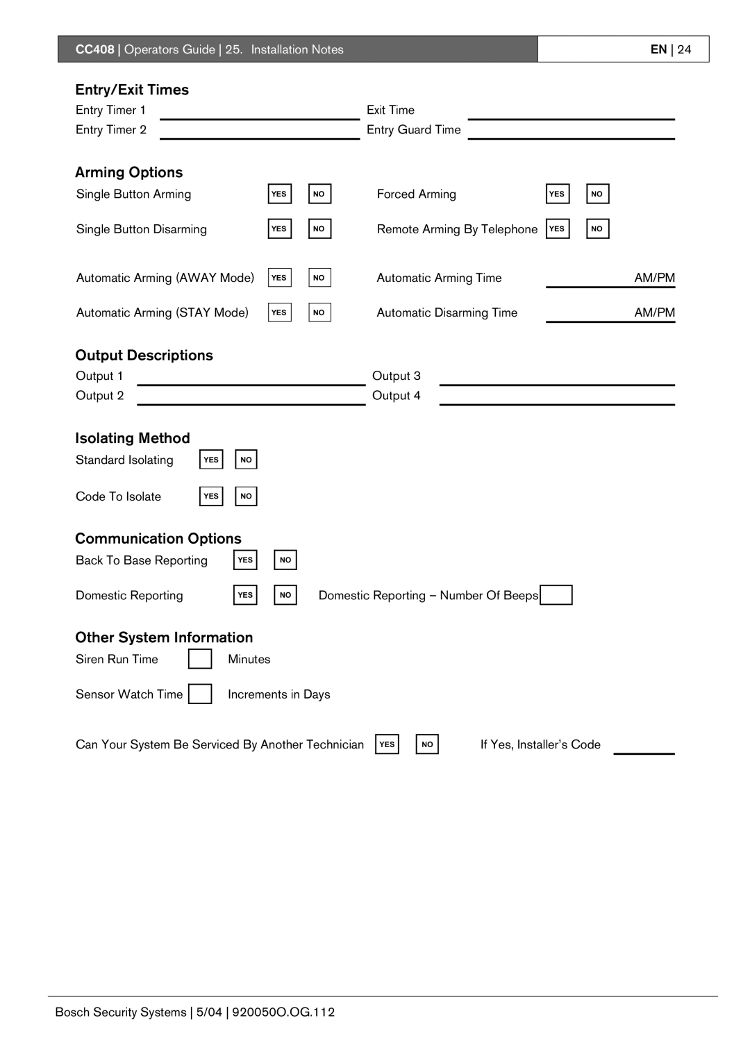 Bosch Appliances CC408 Entry/Exit Times, Arming Options, Output Descriptions, Isolating Method, Communication Options 