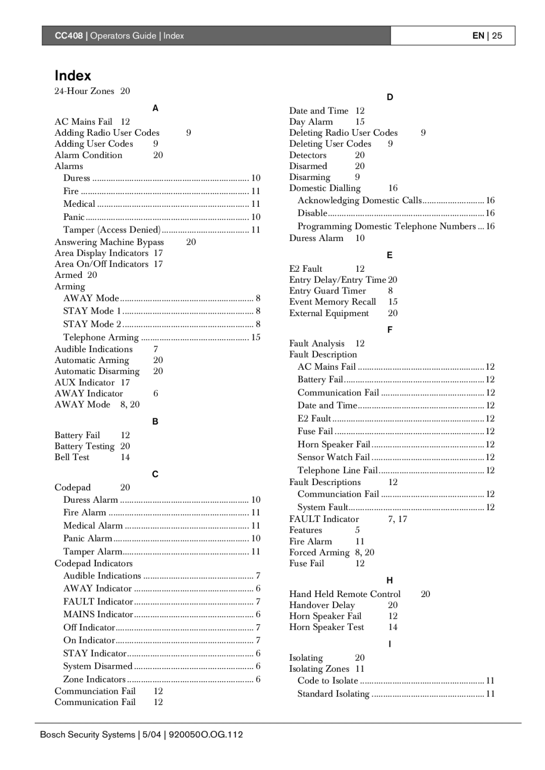 Bosch Appliances CC408 manual Index 