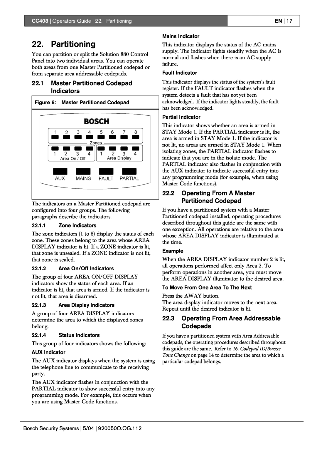 Bosch Appliances manual 22.1Master Partitioned Codepad Indicators, CC408 Operators Guide 22. Partitioning 