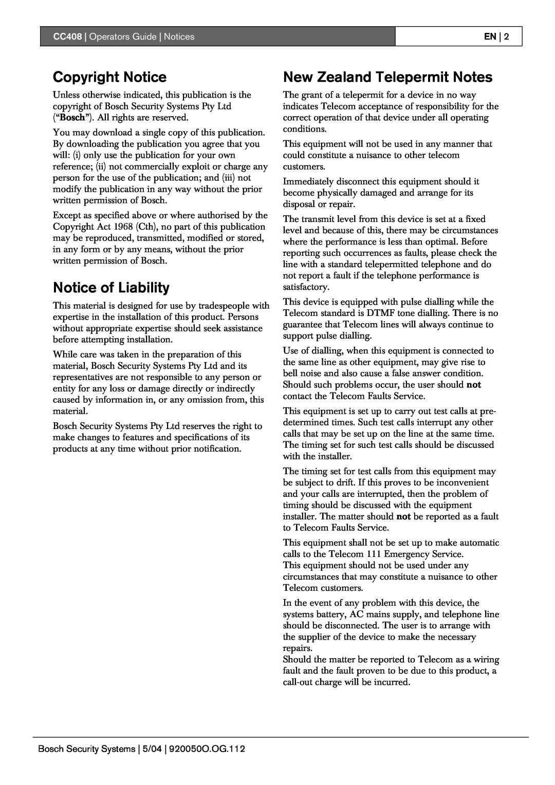 Bosch Appliances Copyright Notice, Notice of Liability, New Zealand Telepermit Notes, CC408 Operators Guide Notices, En 