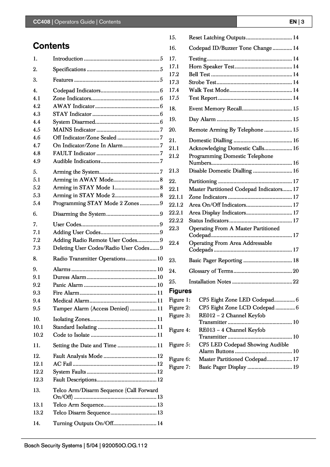 Bosch Appliances manual Figures, CC408 Operators Guide Contents 