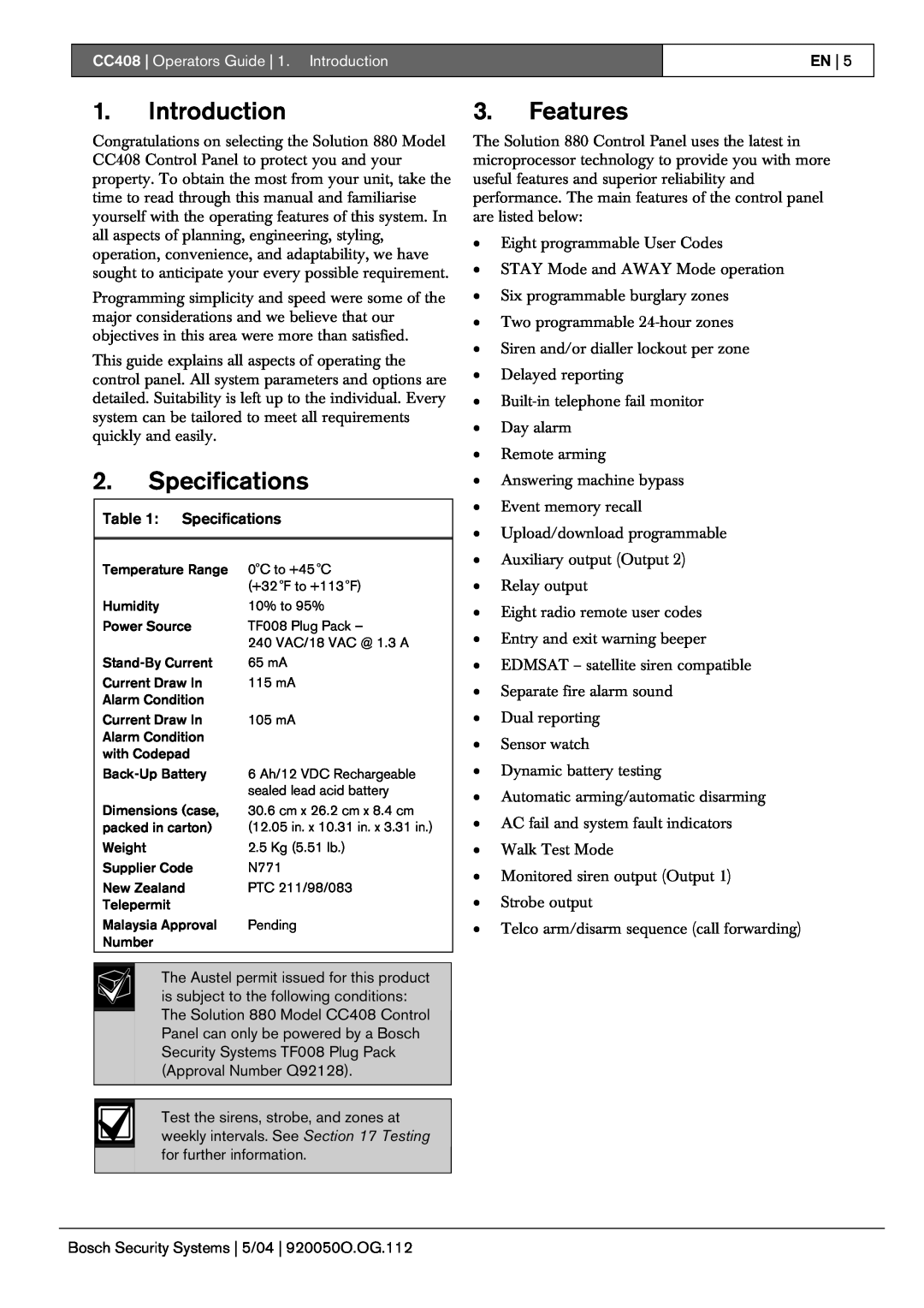 Bosch Appliances manual Specifications, Features, CC408 Operators Guide 1. Introduction, En 