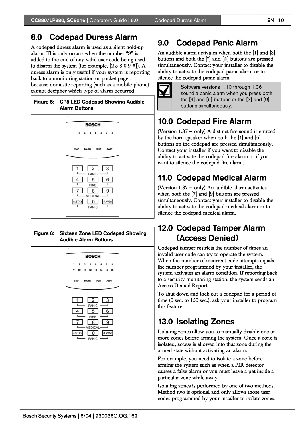 Bosch Appliances CC880, LP880 manual Codepad Duress Alarm, Codepad Panic Alarm, Codepad Fire Alarm, Codepad Medical Alarm 