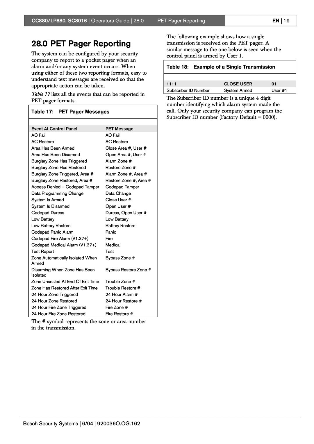 Bosch Appliances manual PET Pager Reporting, CC880/LP880, SC8016 Operators Guide, En, PET Pager Messages 