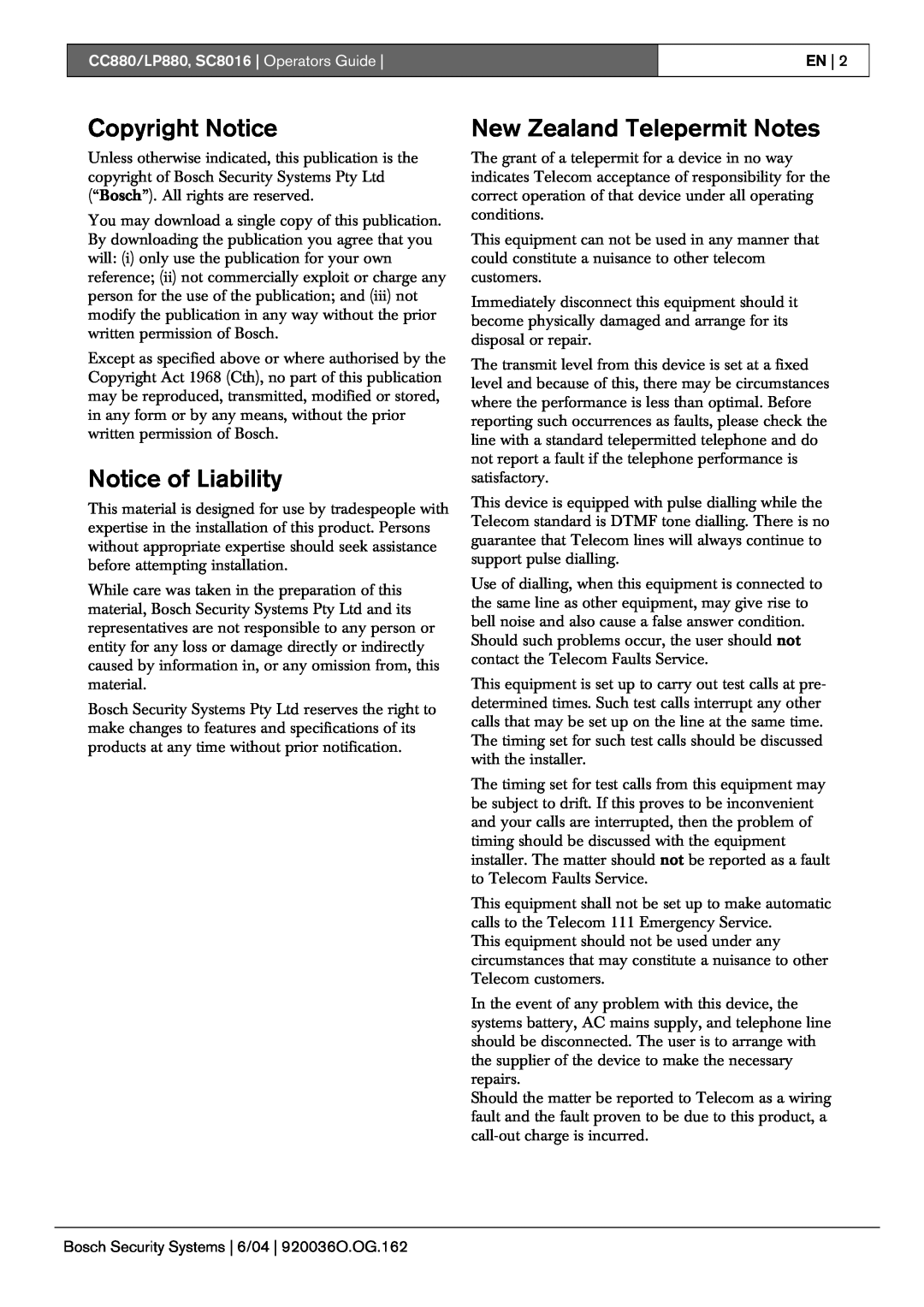 Bosch Appliances CC880, LP880 manual Copyright Notice, Notice of Liability, New Zealand Telepermit Notes, En 