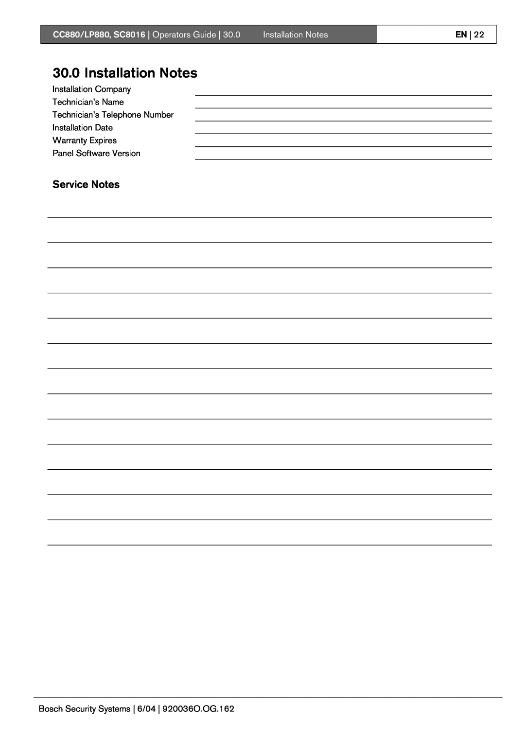 Bosch Appliances manual Installation Notes, Service Notes, CC880/LP880, SC8016 Operators Guide 