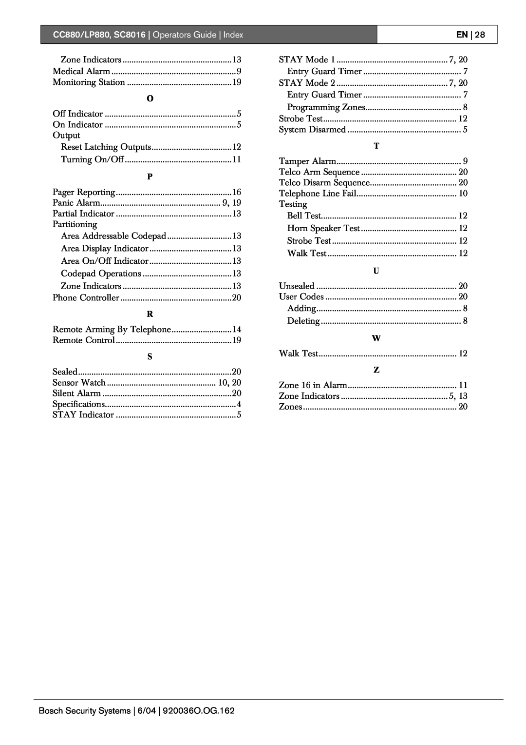 Bosch Appliances manual CC880/LP880, SC8016 Operators Guide Index 