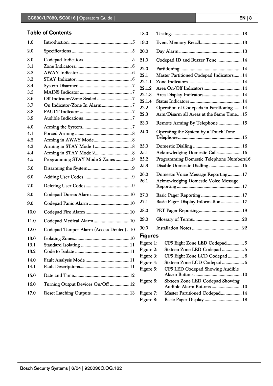 Bosch Appliances manual Table of Contents, Figures, CC880/LP880, SC8016 Operators Guide 