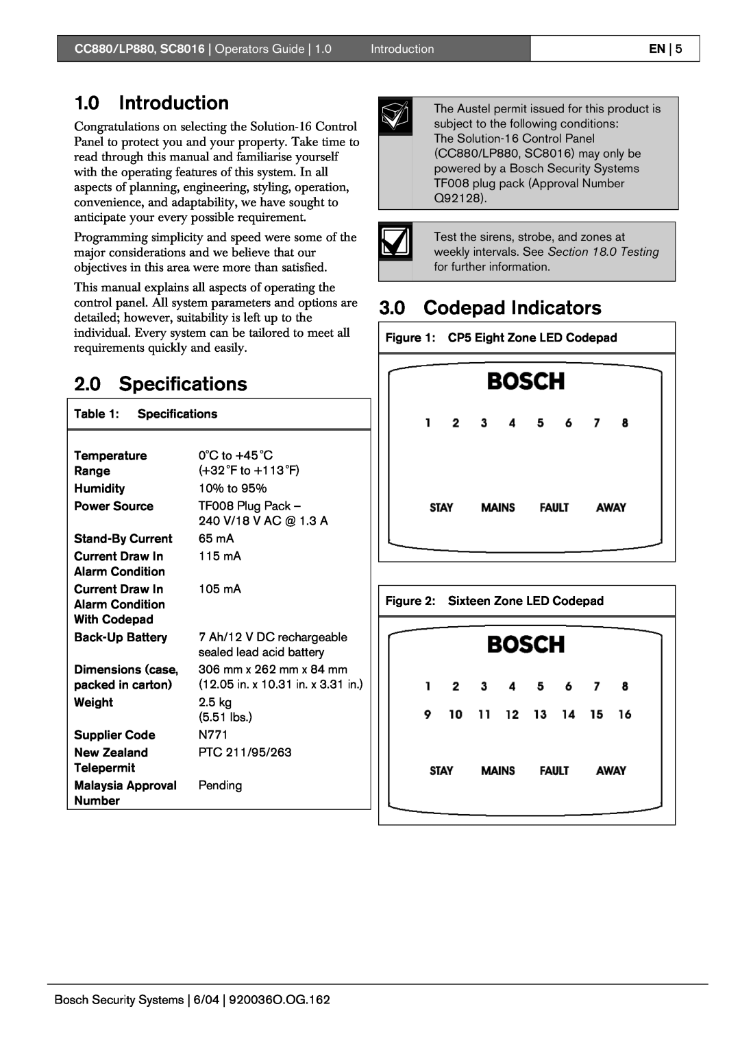 Bosch Appliances manual Introduction, Specifications, Codepad Indicators, CC880/LP880, SC8016 Operators Guide 