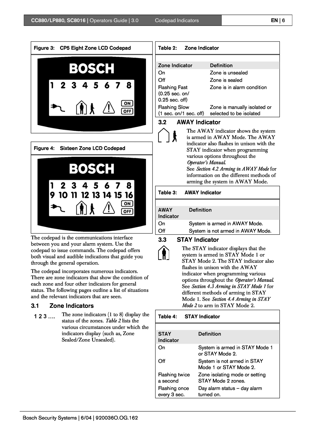 Bosch Appliances CC880 3.1Zone Indicators, 3.2AWAY Indicator, 3.3STAY Indicator, Codepad Indicators, Operator’s Manual 