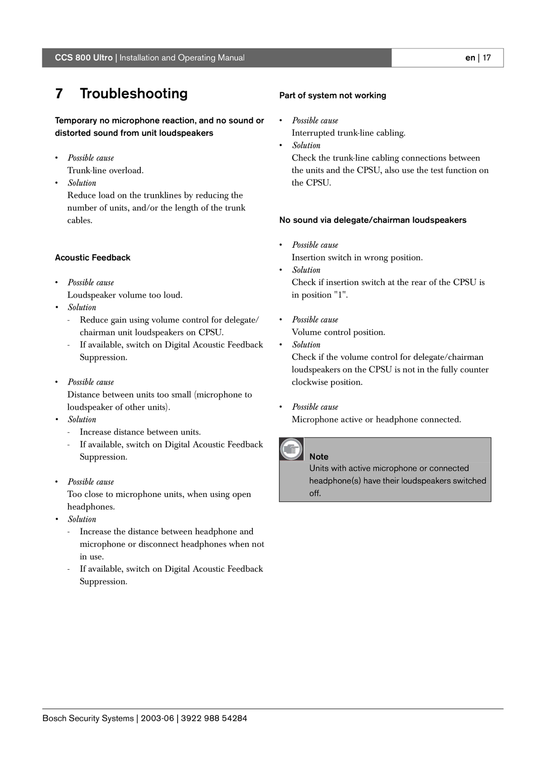 Bosch Appliances CCS 800 Ultro manual Troubleshooting, Acoustic Feedback, Part of system not working 