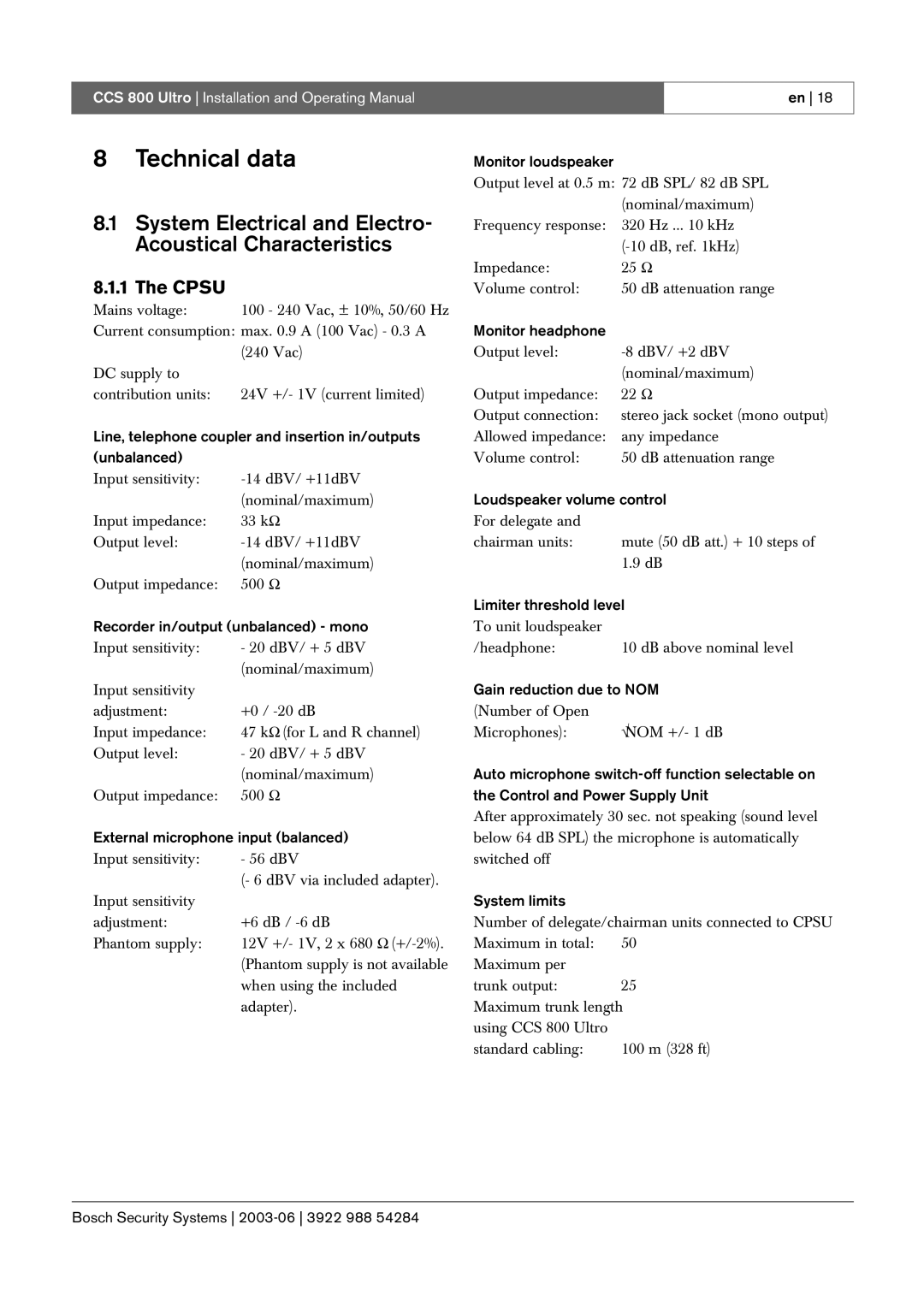 Bosch Appliances CCS 800 Ultro manual Technical data, System Electrical and Electro- Acoustical Characteristics, Cpsu 