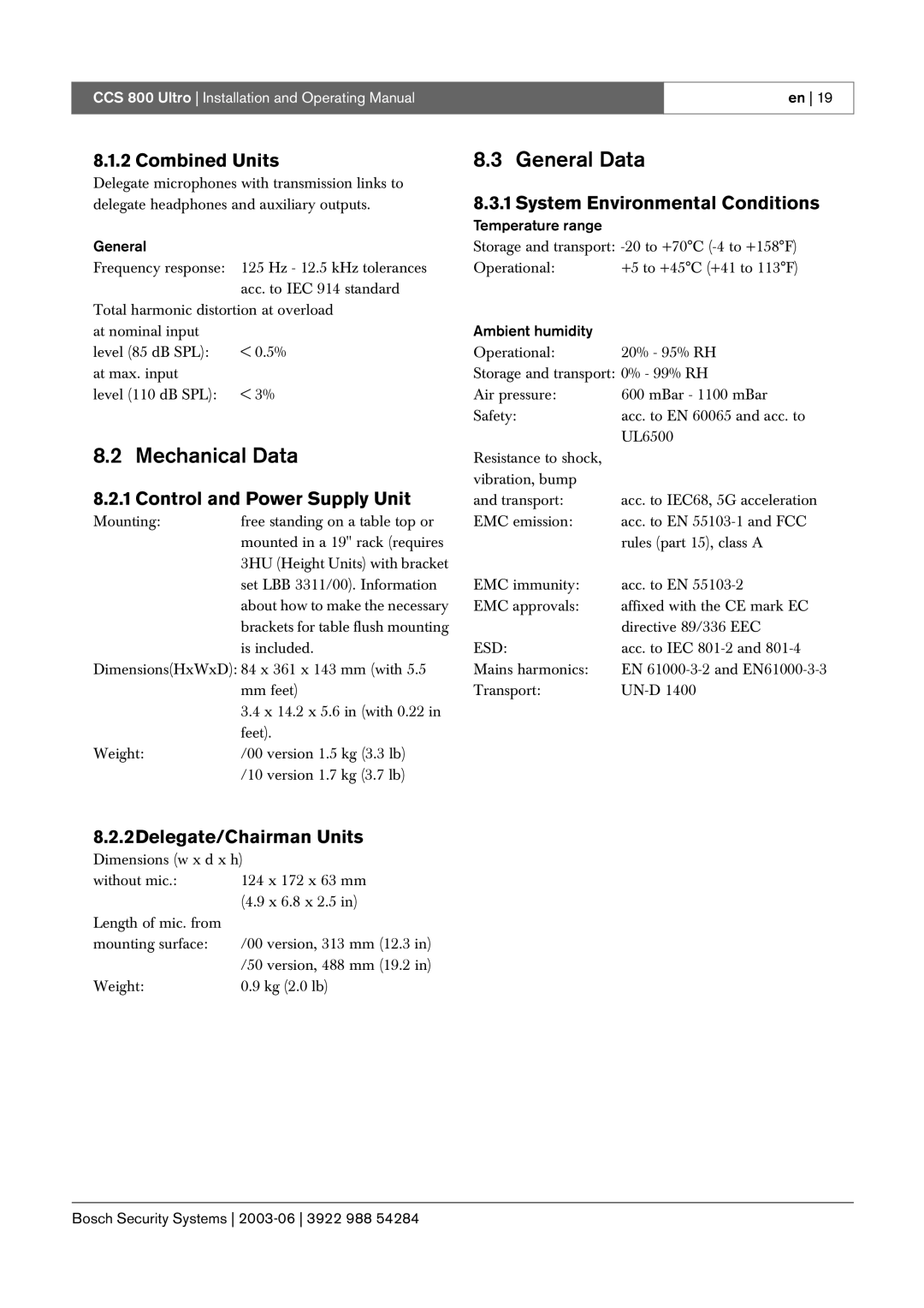 Bosch Appliances CCS 800 Ultro manual General Data, Mechanical Data 