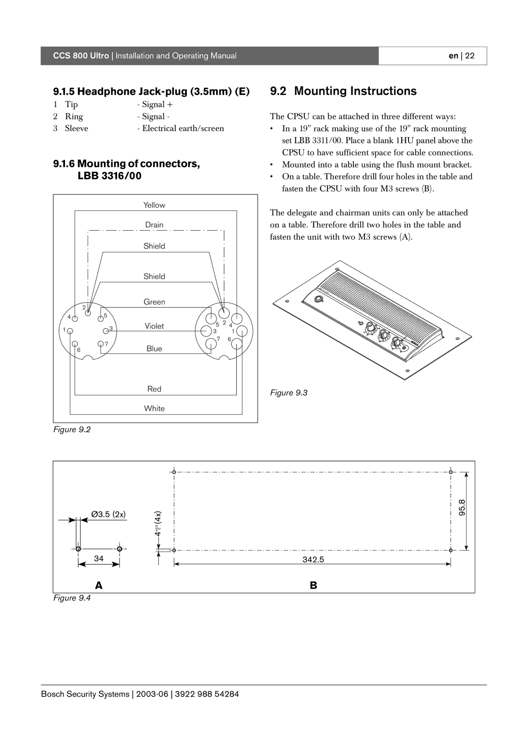 Bosch Appliances CCS 800 Ultro Mounting Instructions, Headphone Jack-plug 3.5mm E, Mounting of connectors, LBB 3316/00 