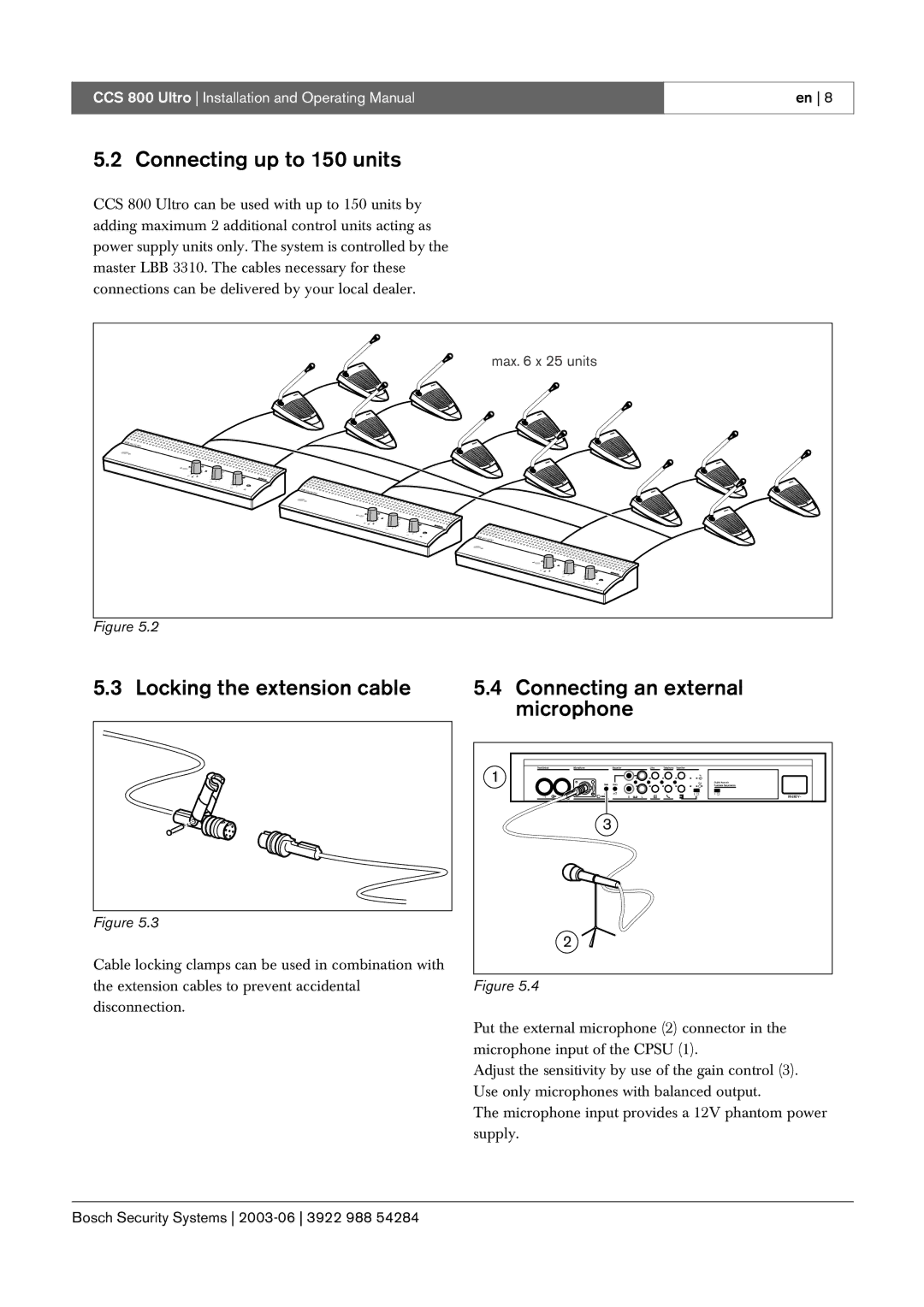 Bosch Appliances CCS 800 Ultro Connecting up to 150 units, Locking the extension cable, Connecting an external microphone 