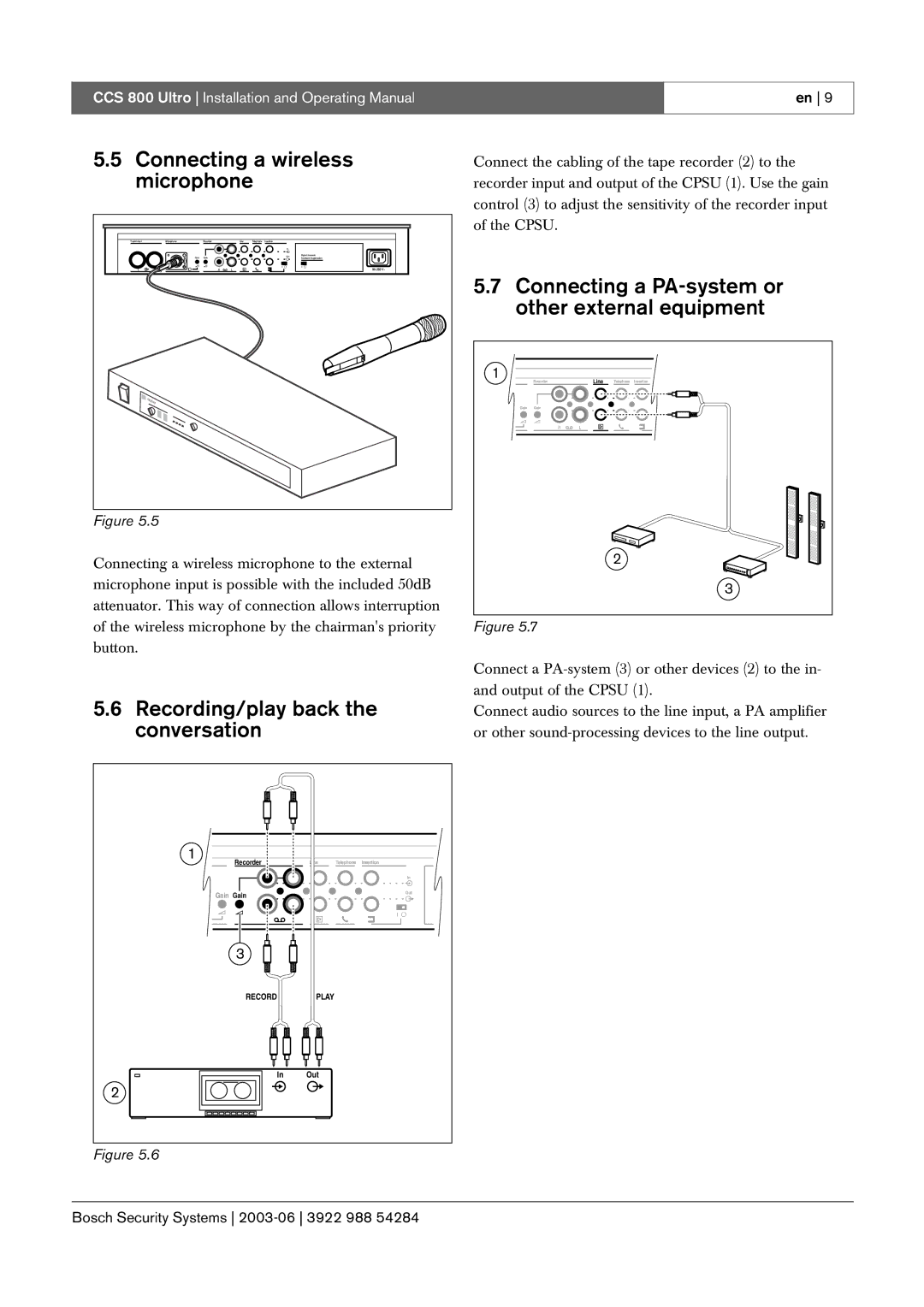 Bosch Appliances CCS 800 Ultro manual Connecting a wireless microphone, Recording/play back the conversation 