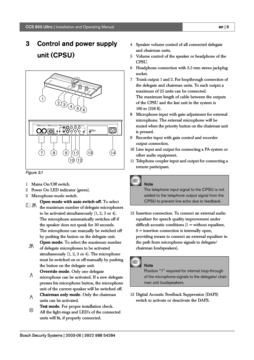 Bosch Appliances manual 3Control and power supply unit CPSU, CCS 800 Ultro Installation and Operating Manual 