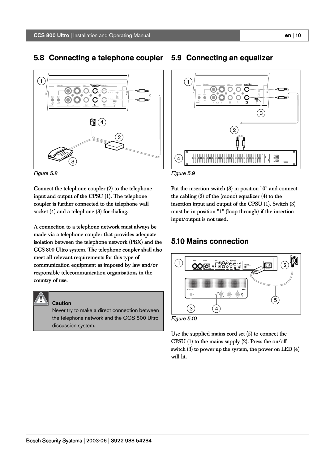 Bosch Appliances manual Mains connection, CCS 800 Ultro Installation and Operating Manual, en, Bosch Security Systems 