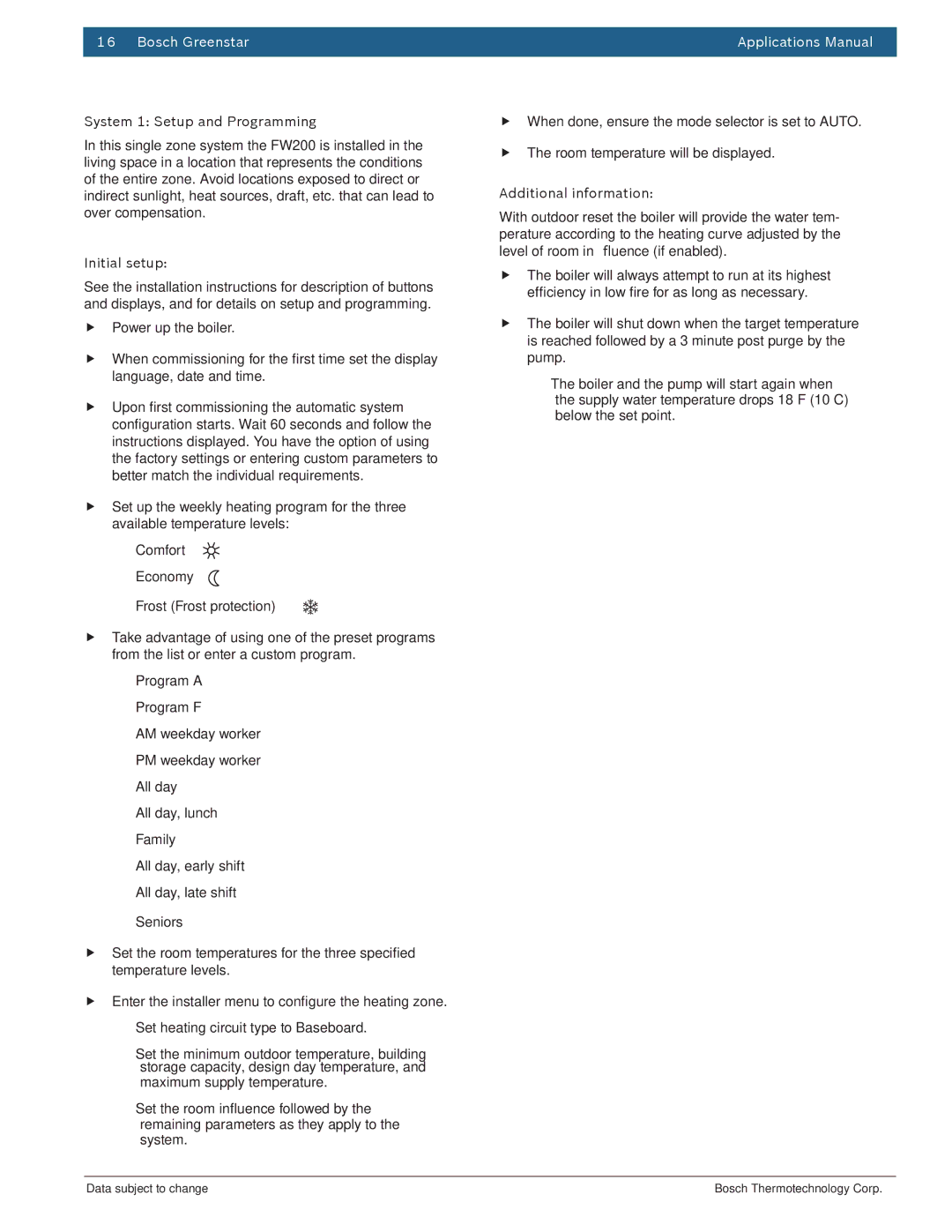 Bosch Appliances 100 Combi Boiler manual System 1 Setup and Programming, Initial setup, Additional information 