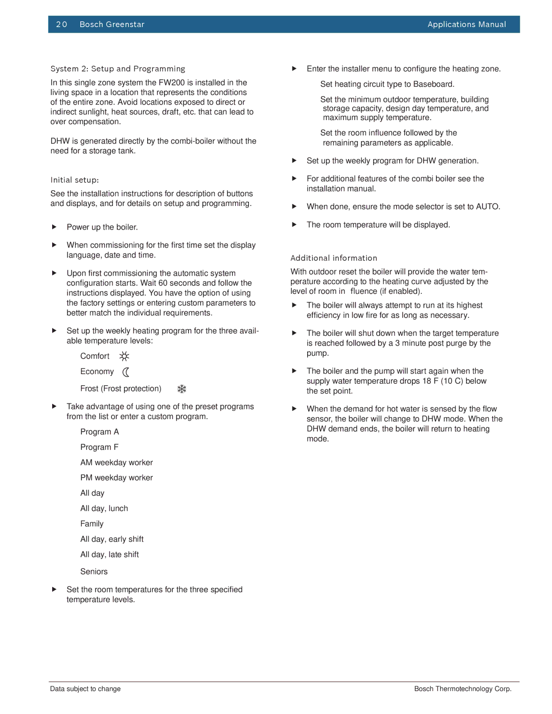 Bosch Appliances 100 Combi Boiler manual System 2 Setup and Programming, Initial setup 