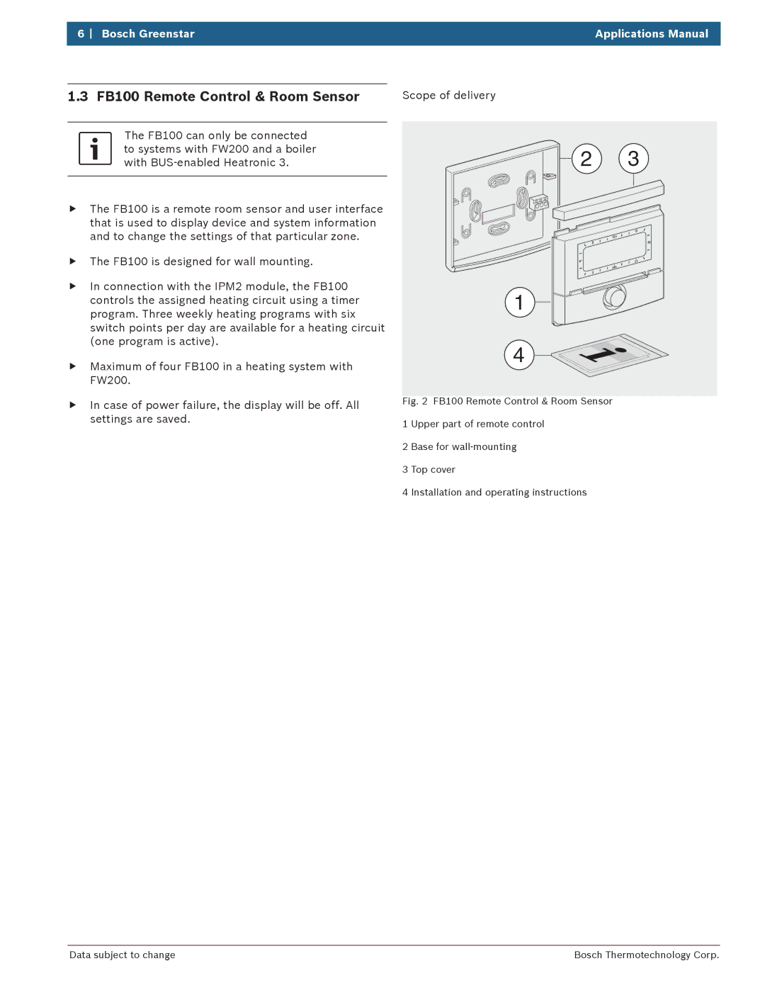 Bosch Appliances 100 Combi Boiler manual FB100 Remote Control & Room Sensor 