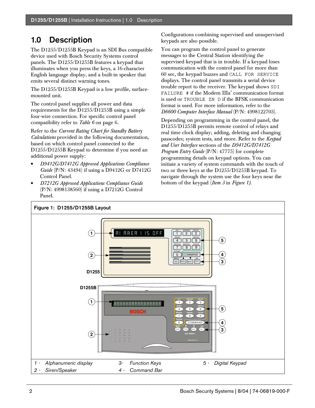 Bosch Appliances D1255/D1255B Installation Instructions 1.0 Description, Bosch Security Systems 8/04 74-06819-000-F 