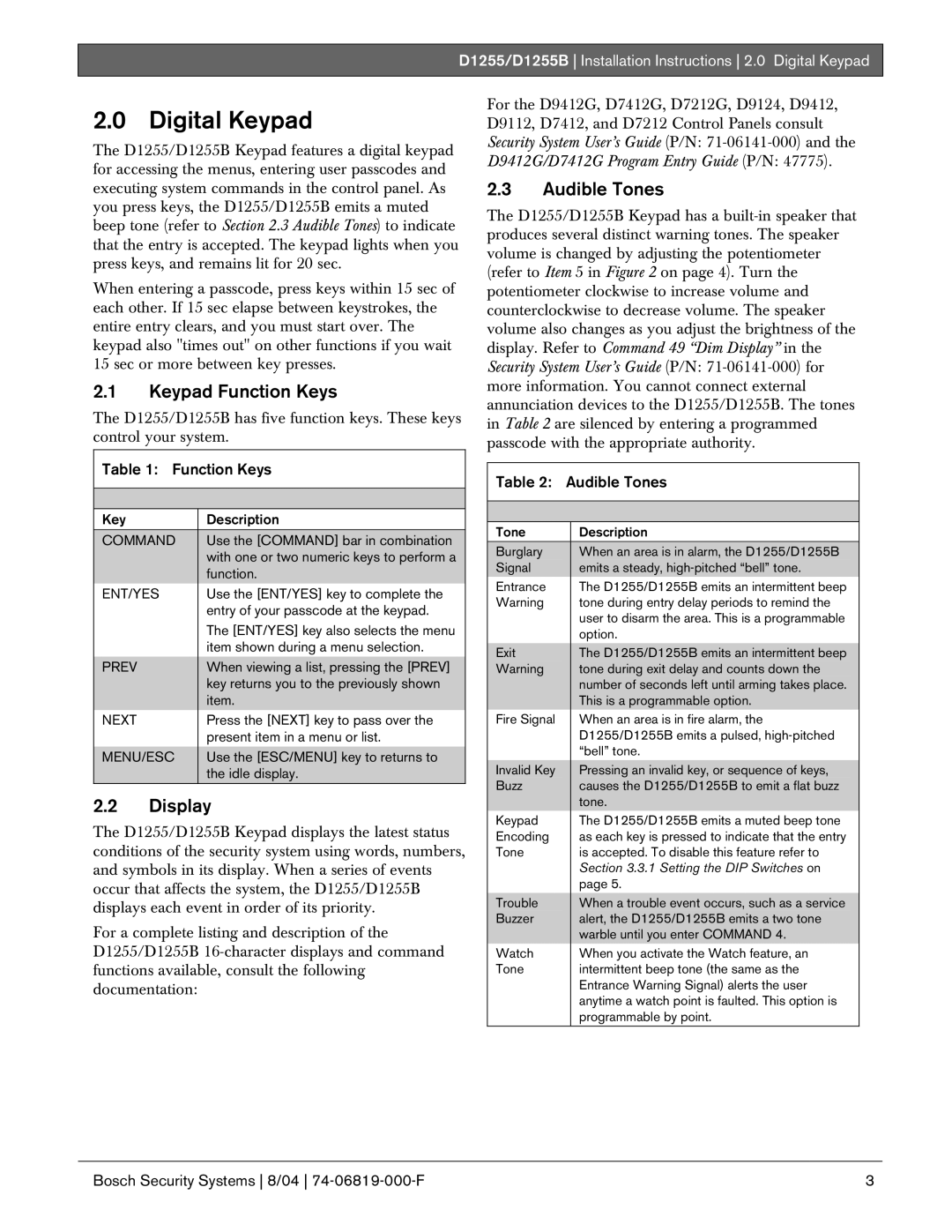 Bosch Appliances D1255B installation instructions Digital Keypad, Keypad Function Keys, Display, Audible Tones 