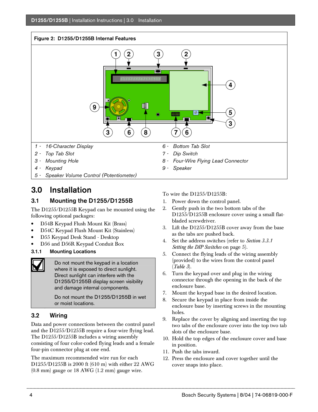 Bosch Appliances installation instructions Mounting the D1255/D1255B, Wiring, D1255/D1255B Installation Instructions 