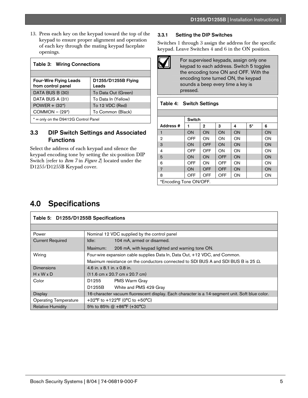 Bosch Appliances D1255B Specifications, DIP Switch Settings and Associated Functions, Wiring Connections 