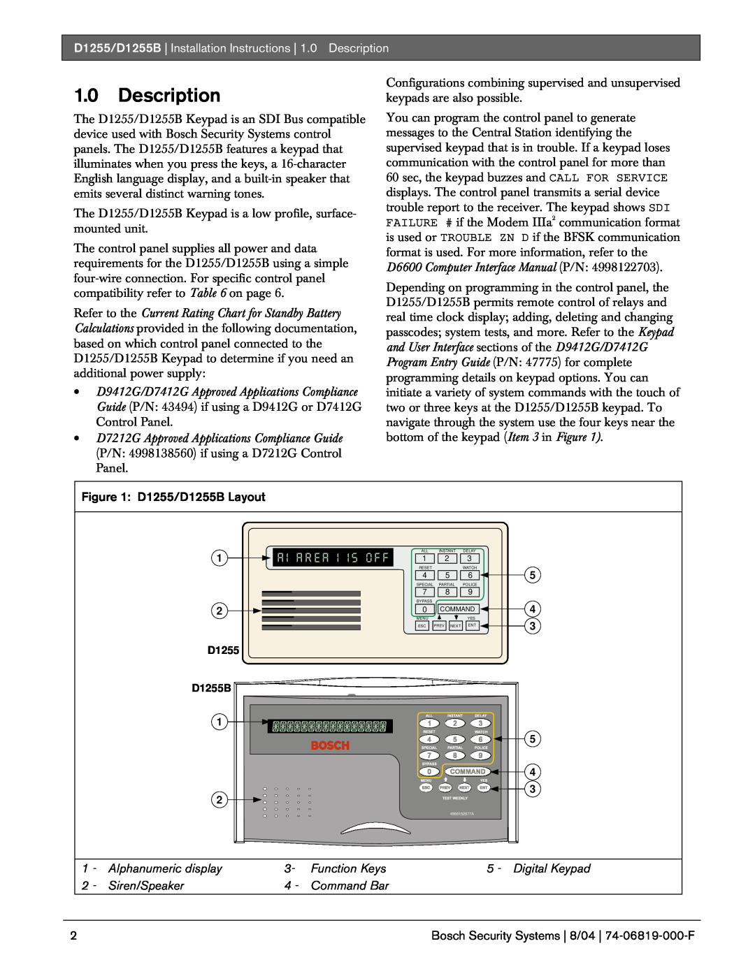 Bosch Appliances installation instructions Description, D1255/D1255B Layout, Bosch Security Systems 8/04 74-06819-000-F 