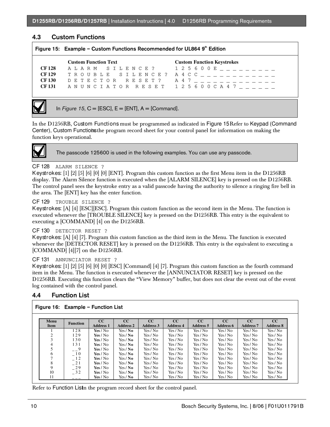 Bosch Appliances D1255RB, D1256RB, D1257RB Custom Functions, Function List, C = ESC, E = ENT, a = Command 